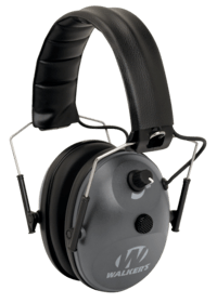 Walker’s Single Mic Electronic Muffs feature gray cups and black headband with padding